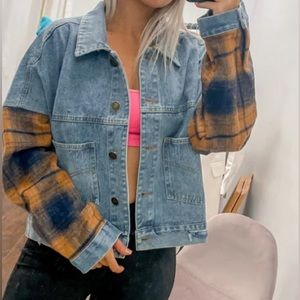 Gee Gee denim jacket - plaid flannel sleeves -size small